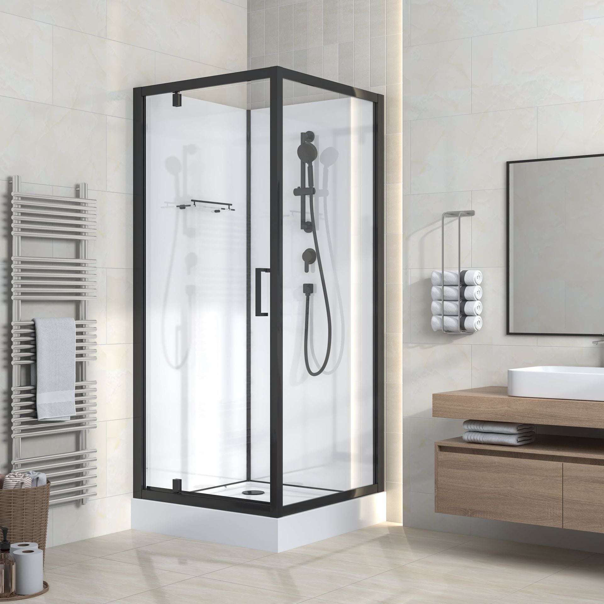 Cabine De Douche RIMO 90x90x215 KIT Porte De Douche Coulissante Verre Clair Profile Noir 8mm