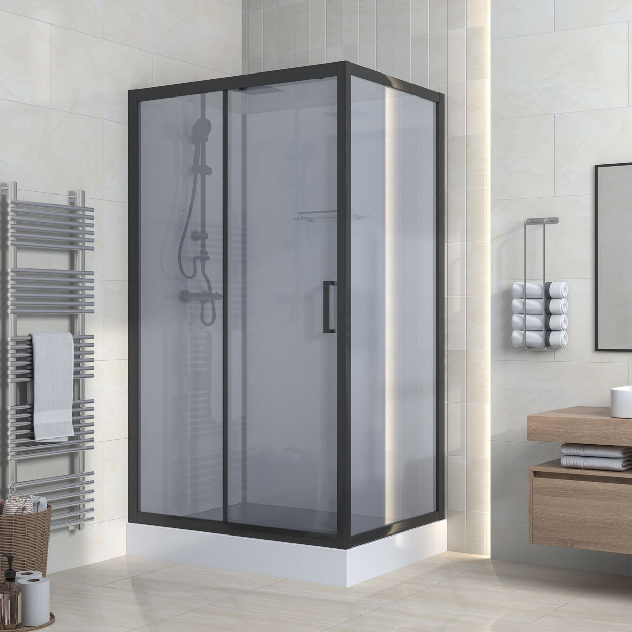 Cabine De Douche MARANI  90x120x225 KIT Porte De Douche Coulissante Verre Fume Profile Noir 8mm