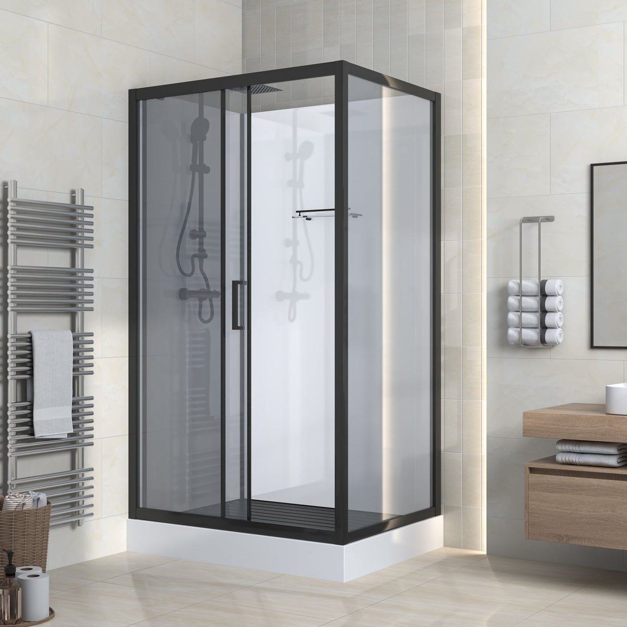 Cabine De Douche MARANI  90x120x225 KIT Porte De Douche Coulissante Verre Fume Profile Noir 8mm