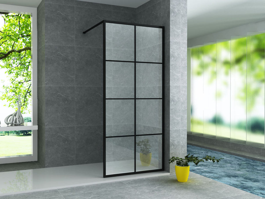 Paroi Douche Fixe Verre Clair Profil Noir Carreaux 8mm 80Lx200H