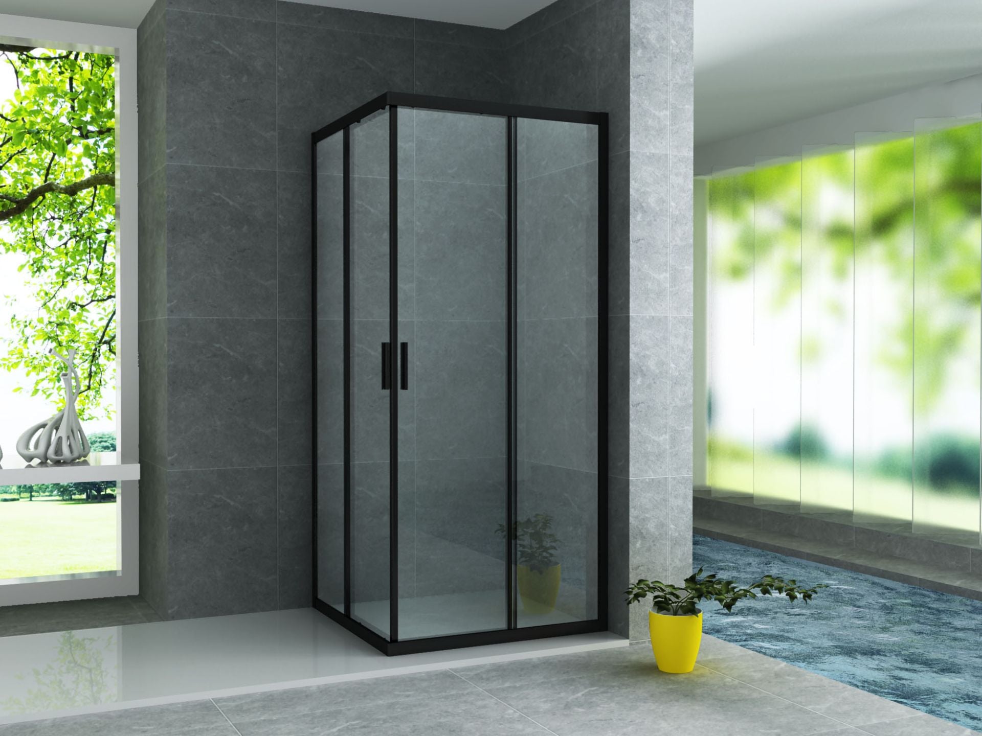 Cabine De Douche  80x80x195  KIT Porte De Douche Coulissante Verre Clair Profile Noir 6mm