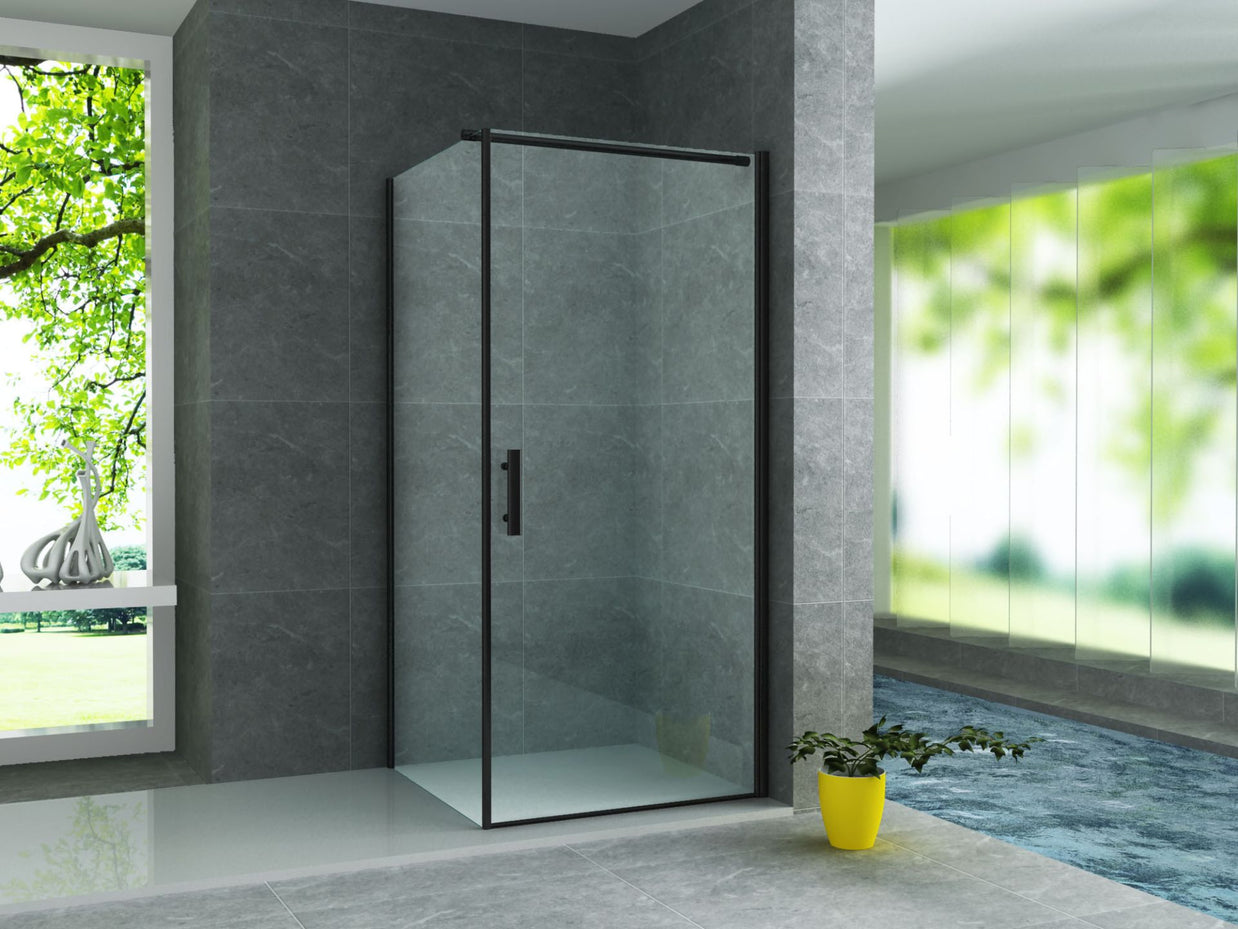 Cabine De Douche  80x80x190  KIT Porte De Douche Battante Verre Clair Profile Noir 6mm