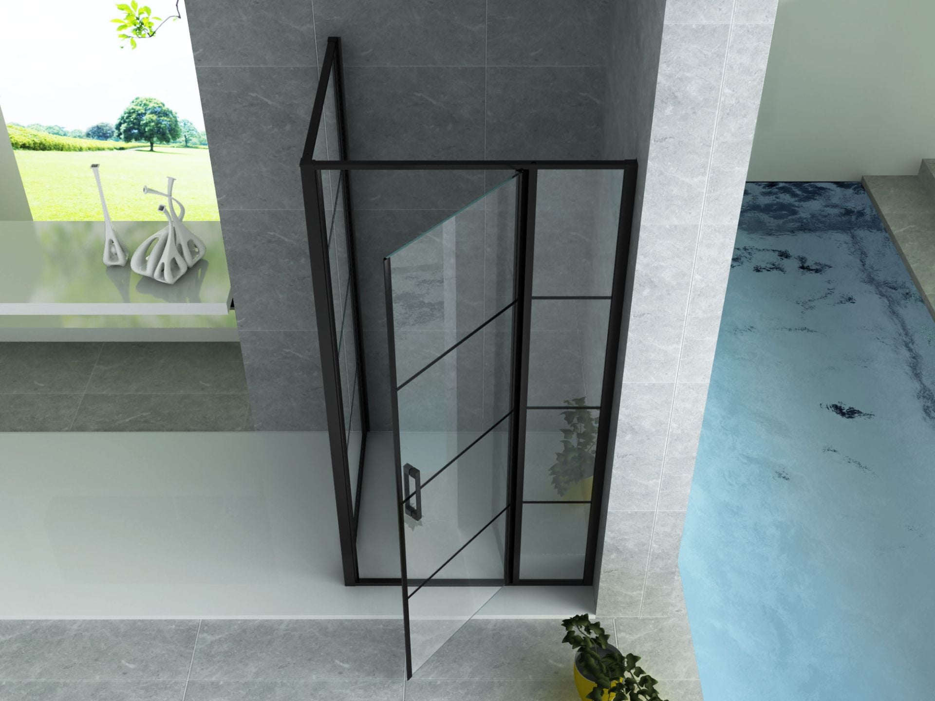 Cabine De Douche KIT Porte De Douche Battante Verre Clair Grille / Profile Noir 8mm 80x120x200