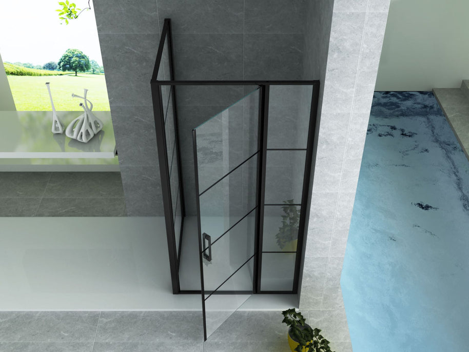 Cabine De Douche KIT Porte De Douche Battante Verre Clair Grille / Profile Noir 8mm 80x120x200