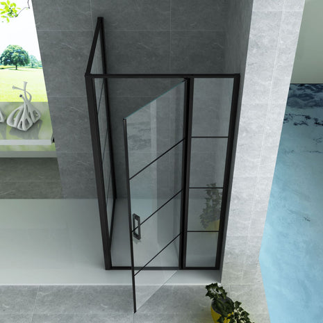 Cabine De Douche KIT Porte De Douche Battante Verre Clair Grille / Profile Noir 8mm 80x120x200