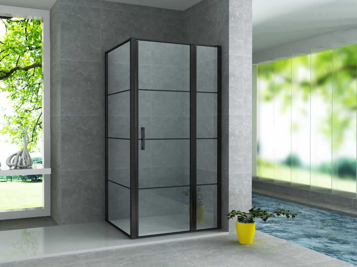 Cabine De Douche KIT Porte De Douche Battante Verre Clair Grille / Profile Noir 8mm 80x120x200