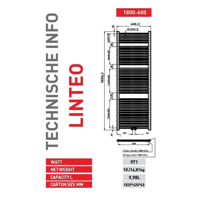 Seche Serviette Linteo Noir 50cm x 180 H x T22  -  829W