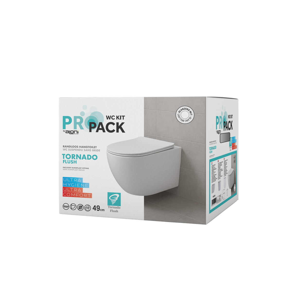 Wc Suspendu PRO Tornado Flush Kit avec abattant soft close 36x32x49cm Compact Blanc Brillant