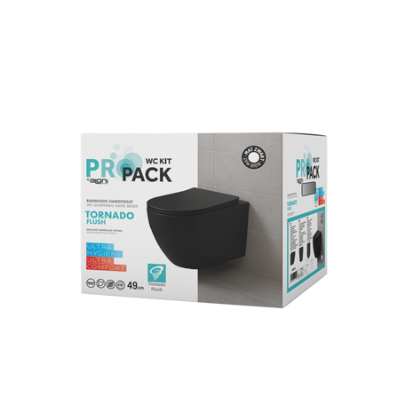 Wc Suspendu PRO Kit Tornado Flush avec abattant soft close 36x32x49cm Compact Noir Mat