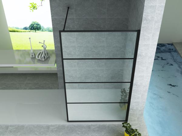 Paroi Douche Fixe Verre Clair Profil Noir Grille 8mm 80Lx200H