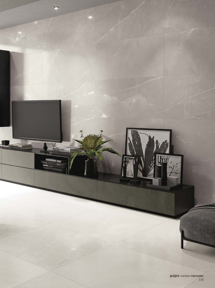 Ambiance FANAL : Pulpis Grey Nanosoft au mur, associé à Pulpis White au sol