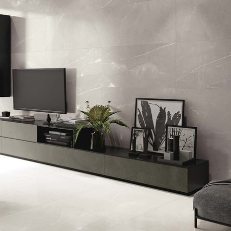 Ambiance FANAL : Pulpis Grey Nanosoft au mur, associé à Pulpis White au sol