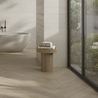 Ambiance FANAL : Travertino Marfil 3Dsoft au mur, associé à Livo Oak au sol